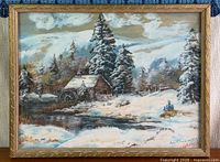 Front view showing entire framed painting with winter mill scene