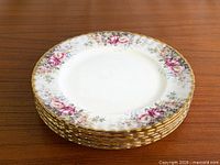 Stack of six Royal Albert Autumn Roses plates showing pattern and gold rim