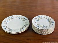 Two luncheon plates and ten bread & butter plates stacked on table
