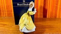 Left side view of figurine beside Royal Doulton box