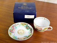 Cup, saucer and original Royal Worcester box displayed on table