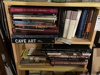 Overall shelf with two stacks and row of upright books