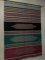Full view of hanging wool blanket showing pattern and colours