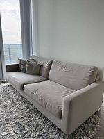 Front angled view of sofa on shag rug with pillows