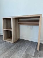 Front view of desk showing shelving and overall condition
