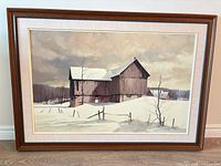 Full view of framed winter barn painting showing subject, frame, mats and scale