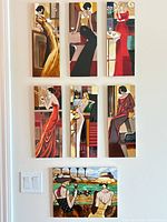 Seven panels: six tall fashion ladies and one horizontal seaside panel displayed on wall