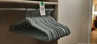 Group of light blue velvet hangers on closet rod