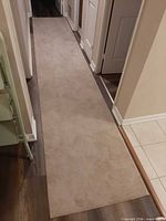 Full view of beige carpet runner in hallway