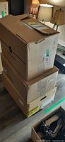 Stacked three cardboard boxes containing women’s clothing