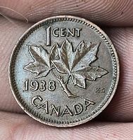 Reverse showing maple leaves, date 1938 and denomination 1 CENT