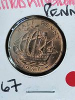 Reverse of 1967 half penny showing Golden Hind and date