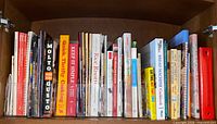 Shelf showing full assortment of cookbooks in cabinet