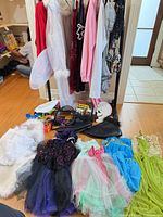 Overall lot view on floor and hanging rack showing variety of costumes, dresses, accessories