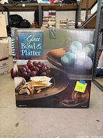 Front of boxed glass bowl & platter set, shows product image and sealed packaging