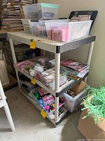 Full view of plastic shelving unit loaded with items (contents excluded) showing three shelves and overall structure