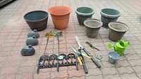 overview of all planters, ornaments, stakes, tools and watering items