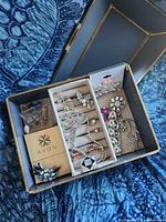 Open jewelry box showing all costume jewelry pieces arranged inside