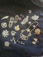 Full layout of all costume jewelry pieces on black fabric