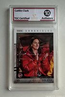 Front of graded Caitlin Clark trading card showing image, slab, and TGC 10 label