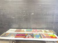 Full table view showing approximately 14 record albums in sleeves