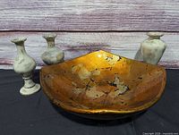 Gold and copper leaf resin bowl with three ceramic vases
