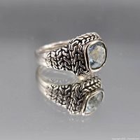 Front view showing blue topaz stone and textured silver band
