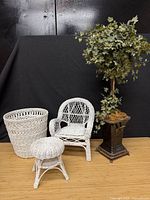 Group shot of chair, stool, basket and faux ivy decor