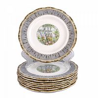 Stack of eight Royal Albert Silver Birch plates showing pattern and rim