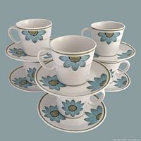 Front view of stacked teacups on saucers showing design