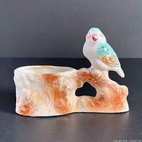 front view of ceramic planter showing bird on branch and cavity