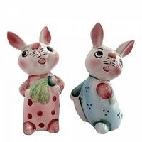 Front view of both ceramic bunny rabbit shakers, showing colors, facial details, and attire