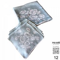 Folded napkins atop folded tablecloth showing damask poppy design and two-tone aqua color