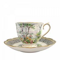 Teacup on matching saucer showing pattern and gilt