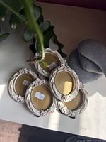 Five stacked oval frames on surface showing front design