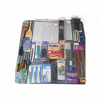 Full layout of sealed craft, office and tool supplies