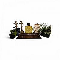 All items grouped: tray, candlesticks, vase, lantern, three faux plants, blue planter