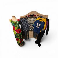 Full lot view showing all six vintage clothing items on rack and mannequin