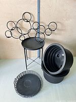 All six items: wine rack, side table, tray, three planters