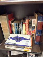 Shelf with full group of drama and reference books showing primary titles and formats
