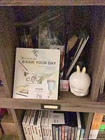 Shelf cubby showing sketchbook, ceramic bunny, DVDs below
