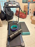 Overall lot showing treadmill, step platform, yoga mat, yoga wheel