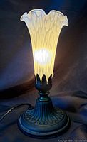 Lamp lit showing frosted glass shade and metal base