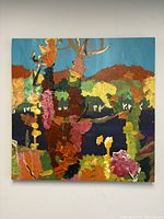 Full view of square abstract painting showing colours and composition