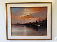 Framed sunset landscape painting, full view