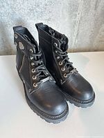 Oblique view showing full pair, laces, toe condition