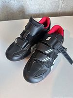 Top view of both shoes showing straps, toe shape, logo, and condition
