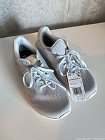 Top view of both shoes showing laces, mesh uppers and attached tag