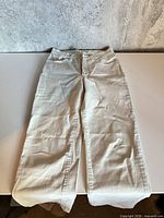 Full view of off-white Versace Jeans Couture pants laid flat