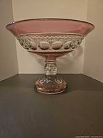side view showing rose pink bowl and clear pedestal